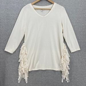 Cato Blouse Womens XS Cream Fringed Split Sides VNeck 3/4 Sleeve Stretch
